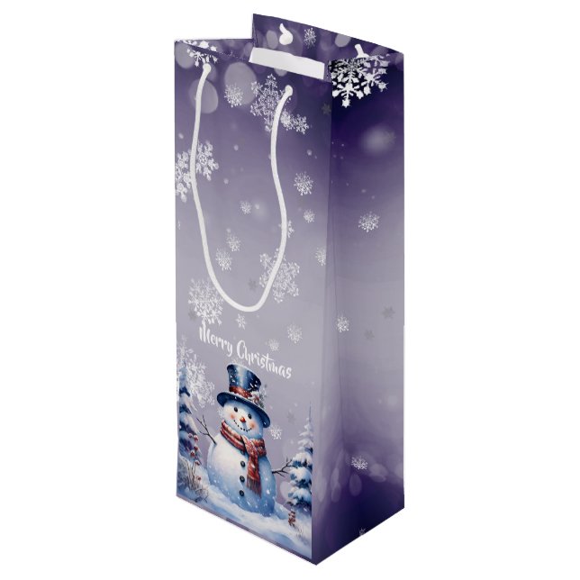 Winter Forest Snowman Christmas | Purple Wine Gift Bag (Back Angled)