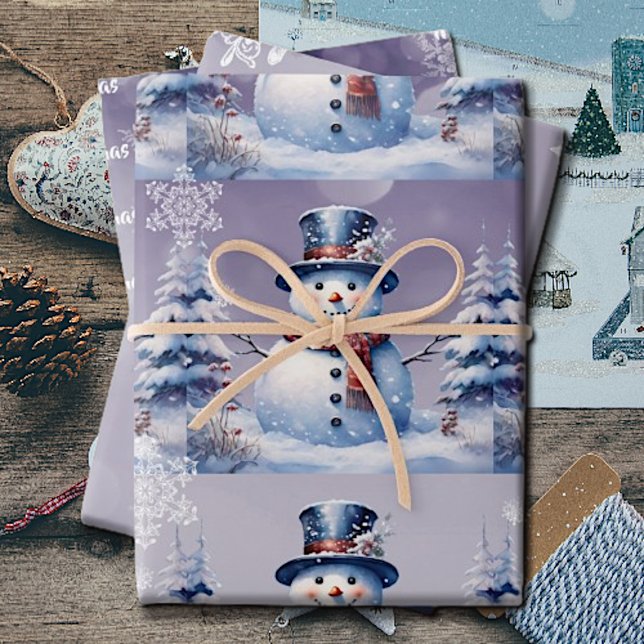Winter Forest Snowman Christmas | Purple Wrapping Paper Sheet (Purple Winter Forest Snowman Christmas Wrapping Paper Sheets)