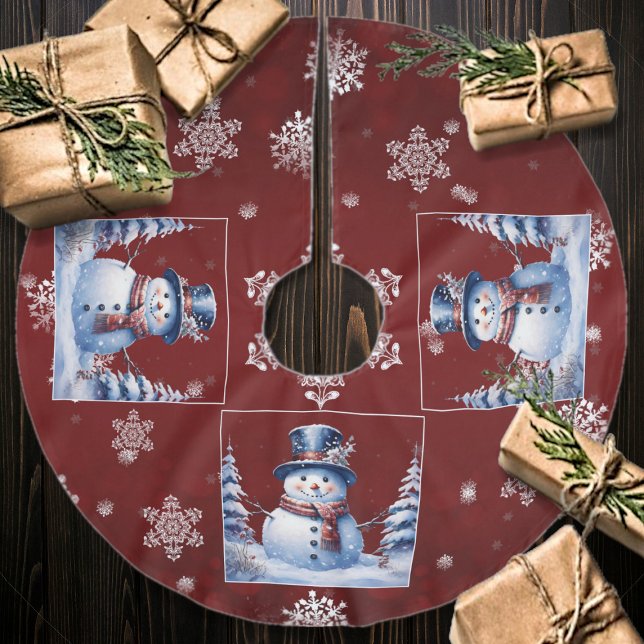 Winter Forest Snowman Christmas | Red Brushed Polyester Tree Skirt (Red Winter Forest Snowman Christmas Tree Skirt)