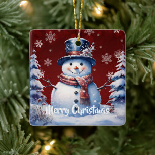 Winter Forest Snowman Christmas Red Ceramic Ornament