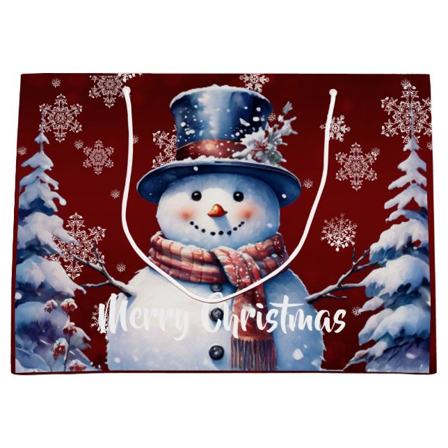 Winter Forest Snowman Christmas | Red Large Gift Bag (Front)