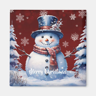 Winter Forest Snowman Christmas Red Magnet