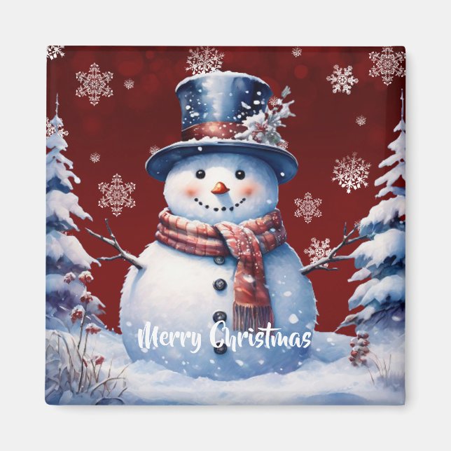 Winter Forest Snowman Christmas | Red Magnet (Front)