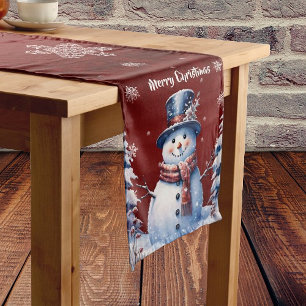 Winter Forest Snowman Christmas   Red Medium Table Runner