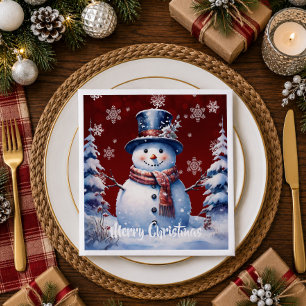 Winter Forest Snowman Christmas Red Napkin