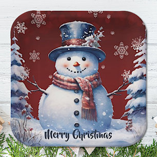 Winter Forest Snowman Christmas   Red Paper Plate