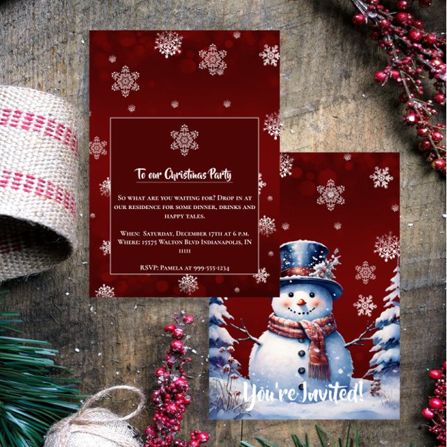 Winter Forest Snowman Christmas  | Red Party Invitation (Red Winter Forest Snowman Christmas Party Invitation)