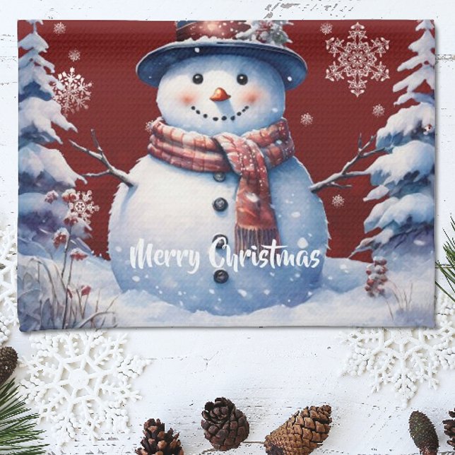Winter Forest  Snowman Christmas | Red Tea Towel (Red Winter Forest Snowman Christmas Kitchen Towel)