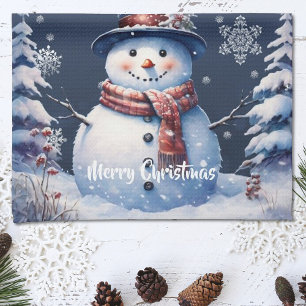 Winter Forest Snowman Christmas Tea Towel