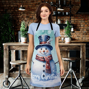 Winter Forest Snowman Christmas   Teal Apron