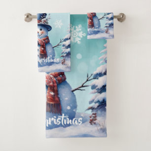 Winter Forest Snowman Christmas Teal Bath Towel Set