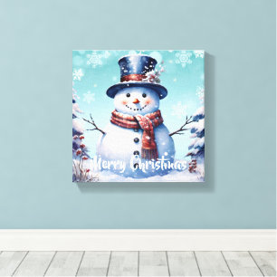 Winter Forest Snowman Christmas Teal Canvas Print