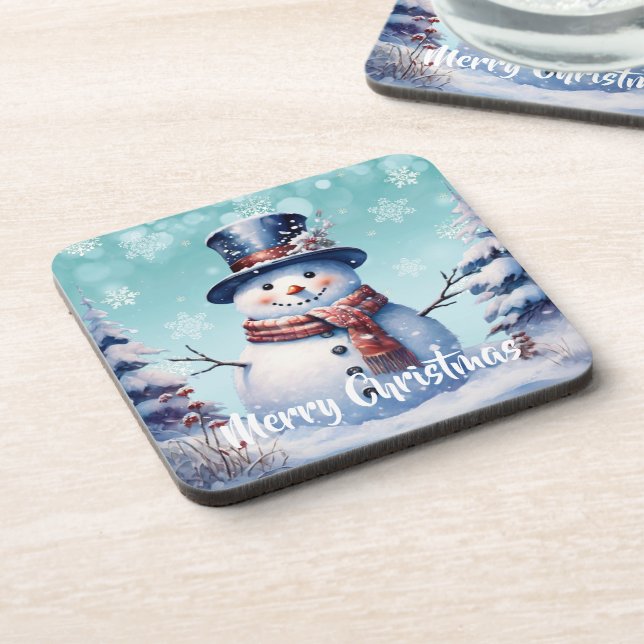Winter Forest Snowman Christmas | Teal Coaster (Left Side)