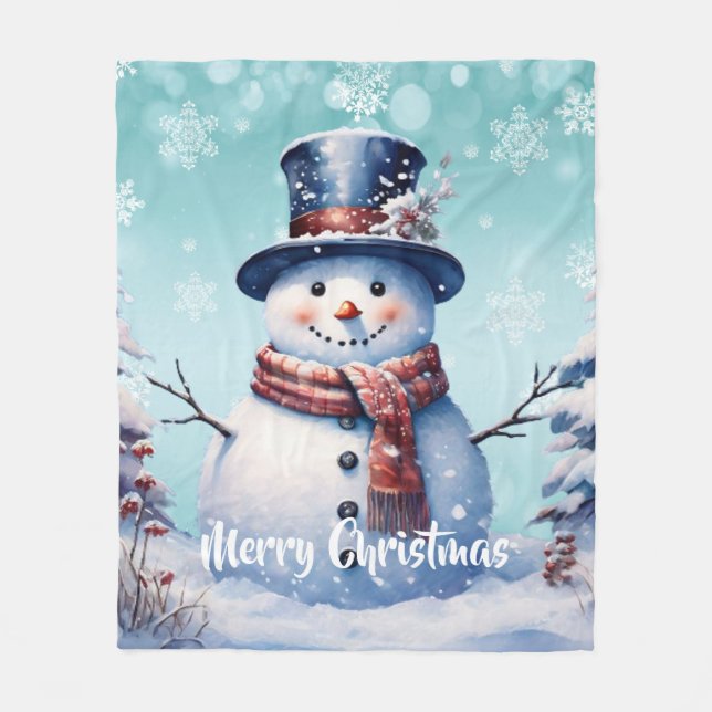 Winter Forest Snowman Christmas | Teal Fleece Blanket (Front)
