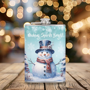Winter Forest Snowman Christmas Teal Hip Flask