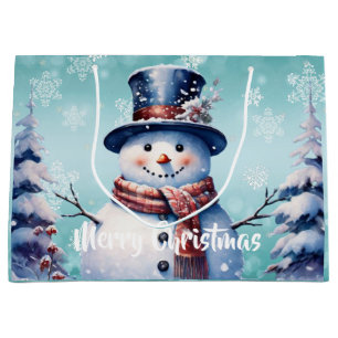 Winter Forest Snowman Christmas   Teal Large Gift Bag