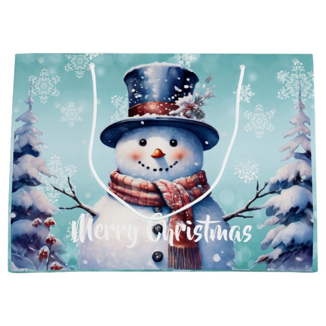 Winter Forest Snowman Christmas | Teal Large Gift Bag (Front)