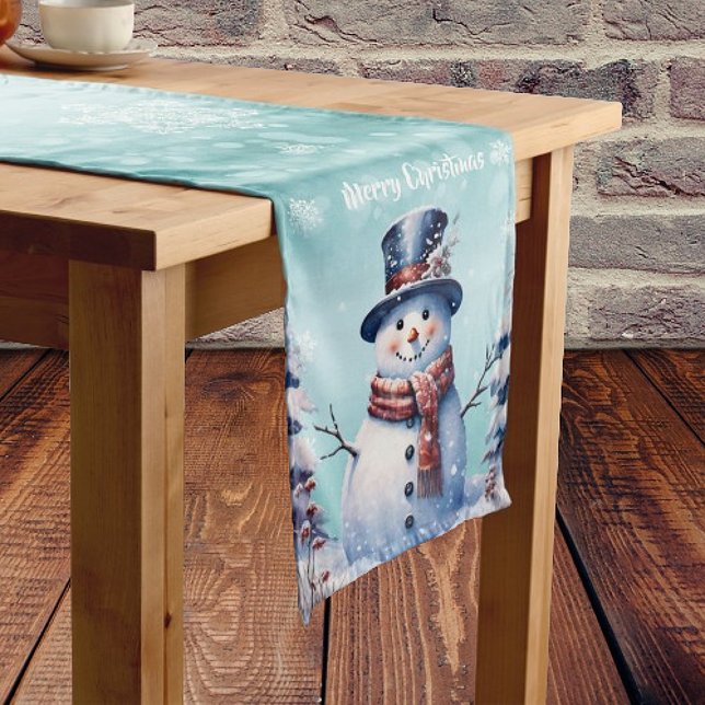 Winter Forest Snowman Christmas | Teal Medium Table Runner (Teal Winter Forest Snowman Christmas Table Runner)