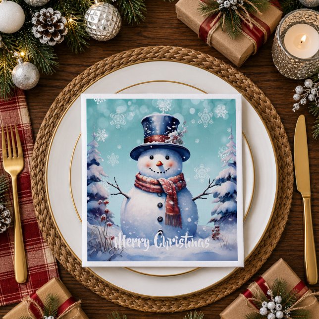 Winter Forest Snowman Christmas | Teal Napkin (Teal Winter Forest Snowman Christmas Napkins)