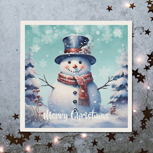 Winter Forest Snowman Christmas   Teal Napkin