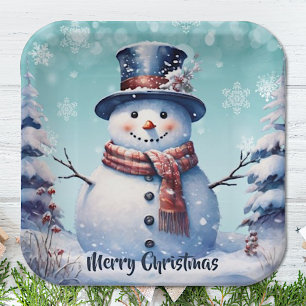 Winter Forest Snowman Christmas   Teal Paper Plate