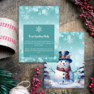 Winter Forest Snowman Christmas    Teal Party Invitation