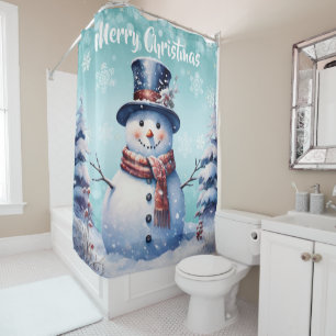 Winter Forest Snowman Christmas   Teal Shower Curtain
