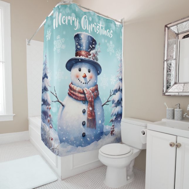 Winter Forest Snowman Christmas | Teal Shower Curtain (In Situ)