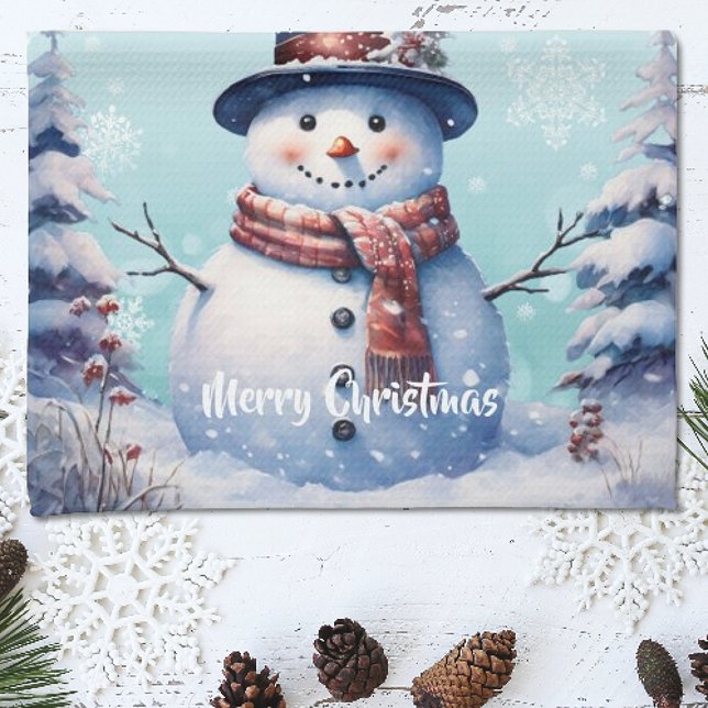Winter Forest  Snowman Christmas | Teal Tea Towel (Teal Winter Forest Snowman Christmas Kitchen Towel)