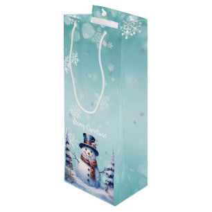 Winter Forest Snowman Christmas   Teal Wine Gift Bag