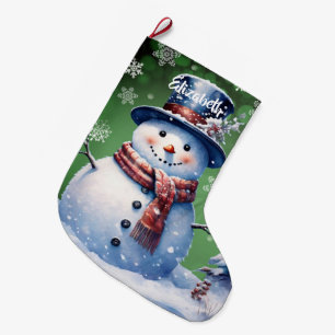 Winter Forest Snowman   Green Large Christmas Stocking