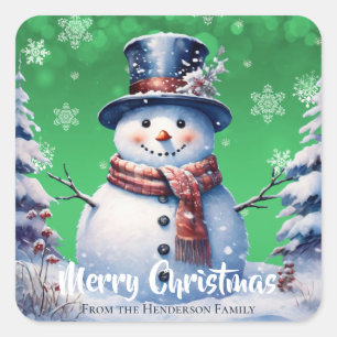 Winter Forest Snowman Merry Christmas   Green Square Sticker
