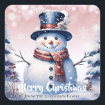 Winter Forest Snowman Merry Christmas | Pink Square Sticker<br><div class="desc">Seal the envelopes of your outgoing Christmas Cards this holiday season with a Pink Winter Forest Snowman Merry Christmas Holiday Sticker. Sticker design features a cute snowman in a top hat in scarf standing in a winter forest scene with falling snow. Additional gift and holiday items available with this design...</div>