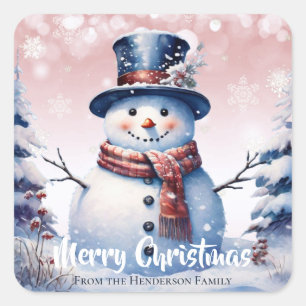 Winter Forest Snowman Merry Christmas Pink Square Sticker