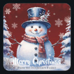 Winter Forest Snowman Merry Christmas | Red Square Sticker<br><div class="desc">Seal the envelopes of your outgoing Christmas Cards this holiday season with a Red Winter Forest Snowman Merry Christmas Holiday Sticker. Sticker design features a cute snowman in a top hat in scarf standing in a winter forest scene with falling snow. Additional gift and holiday items available with this design...</div>