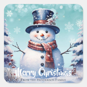 Winter Forest Snowman Merry Christmas   Teal Square Sticker