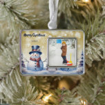 Winter Forest Snowman Photo | Gold Silver Plated Framed Ornament<br><div class="desc">Decorate your tree this holiday season with a Gold Winter Forest Snowman Christmas Photo Holiday Framed Ornament.  Ornament design features a cute snowman in a top hat in scarf standing in a winter forest scene with falling snow. Additional gift and holiday items available with this design as well.</div>