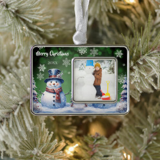 Winter Forest Snowman Photo | Green Silver Plated Framed Ornament