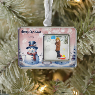 Winter Forest Snowman Photo | Pink Silver Plated Framed Ornament