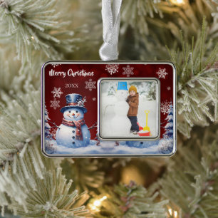 Winter Forest Snowman Photo Red Silver Plated Framed Ornament