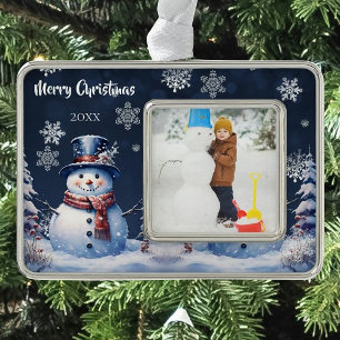 Winter Forest Snowman Photo Silver Plated Framed Ornament
