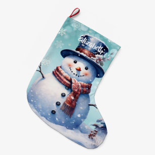 Winter Forest Snowman   Teal Large Christmas Stocking