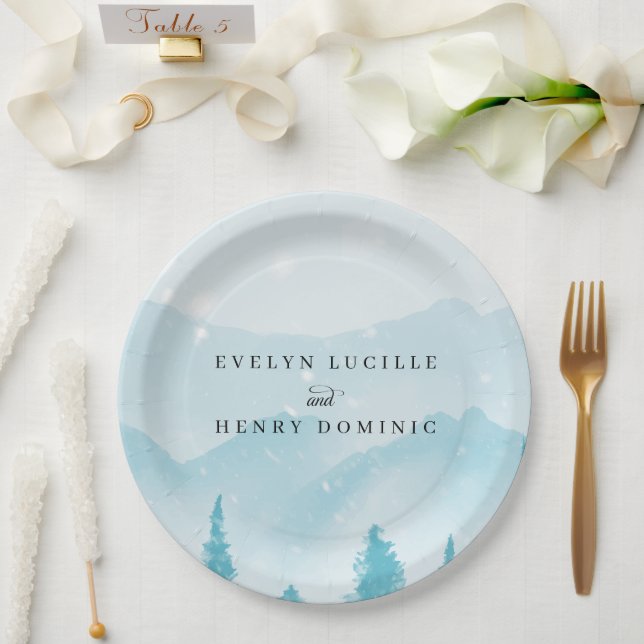 Winter Forest Snowy Mountain Wedding Paper Plate (Wedding)