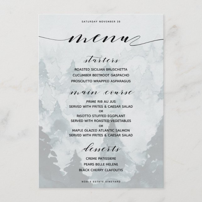 Winter Forest Snowy Woodland Dinner Menu (Front)