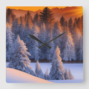 Winter Forest Sunrise Theme Square Wall Clock