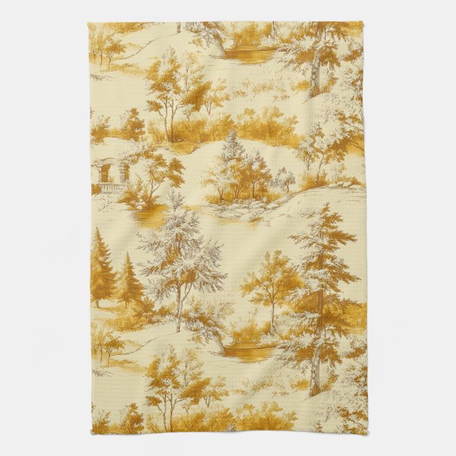 Winter Forest Toile de Jouy Pattern (3) Tea Towel (Vertical)