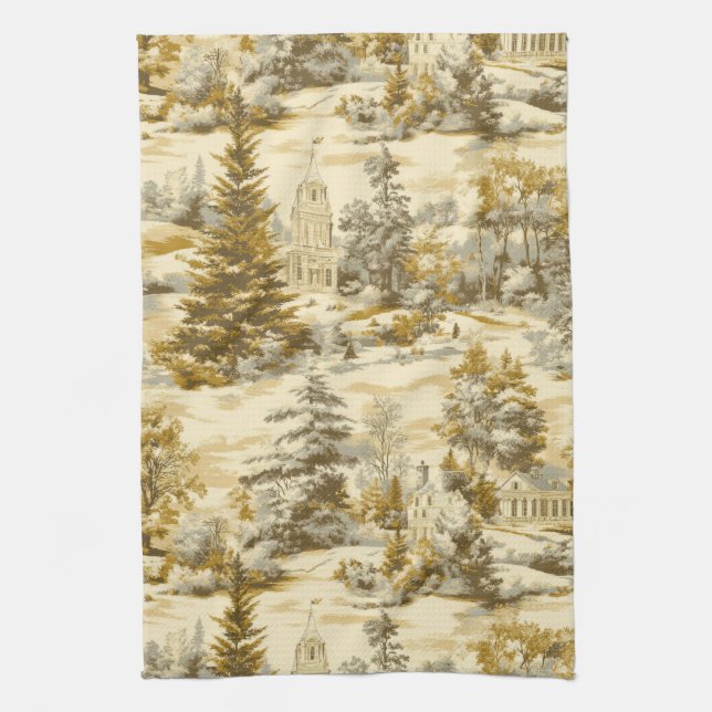 Winter Forest Toile de Jouy Pattern (4) Tea Towel (Vertical)