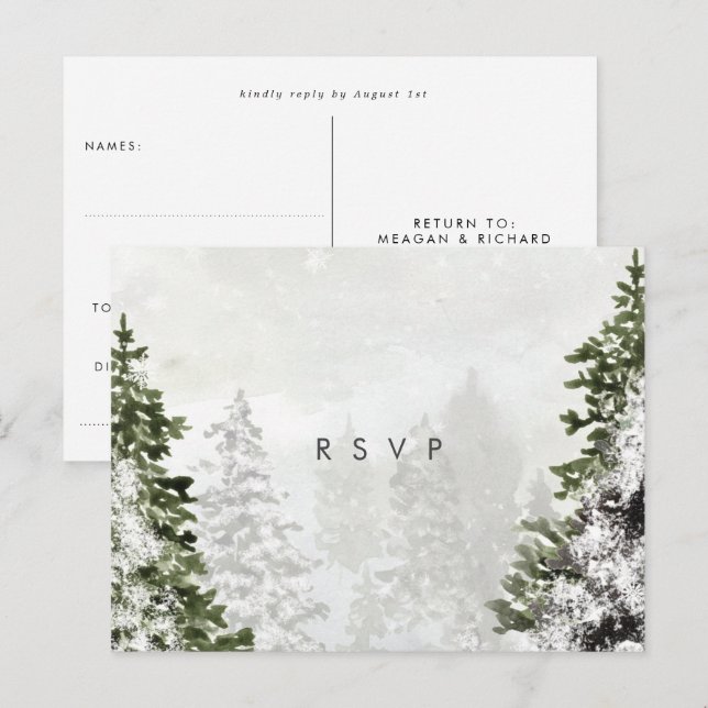 winter forest trees wedding rsvp postcard (Front/Back)