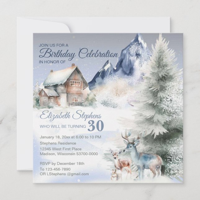 Winter Forest Watercolor Birthday Flat Card (Front)