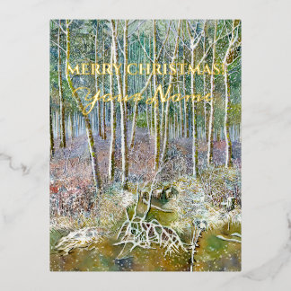 winter forest Watercolor Foil Holiday Post Card